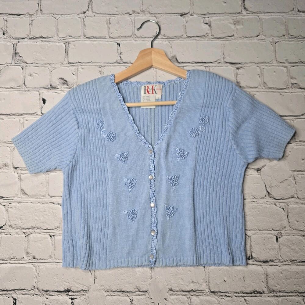 Vintage RK Originals Ramie Cotton Blue Short Sleeve Small Button Cardigan Size 6